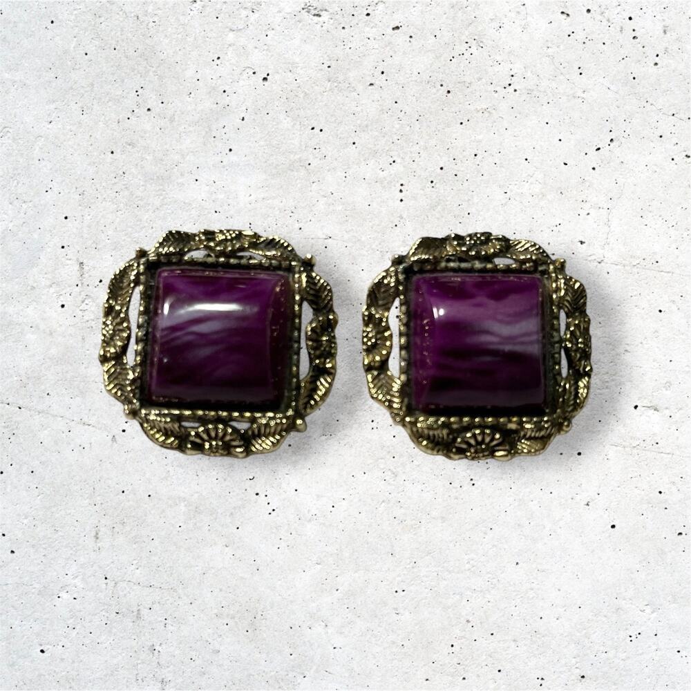 Vintage Purple Clip On Earrings Gold Filigree Statement Jewelry 1980s Earrings